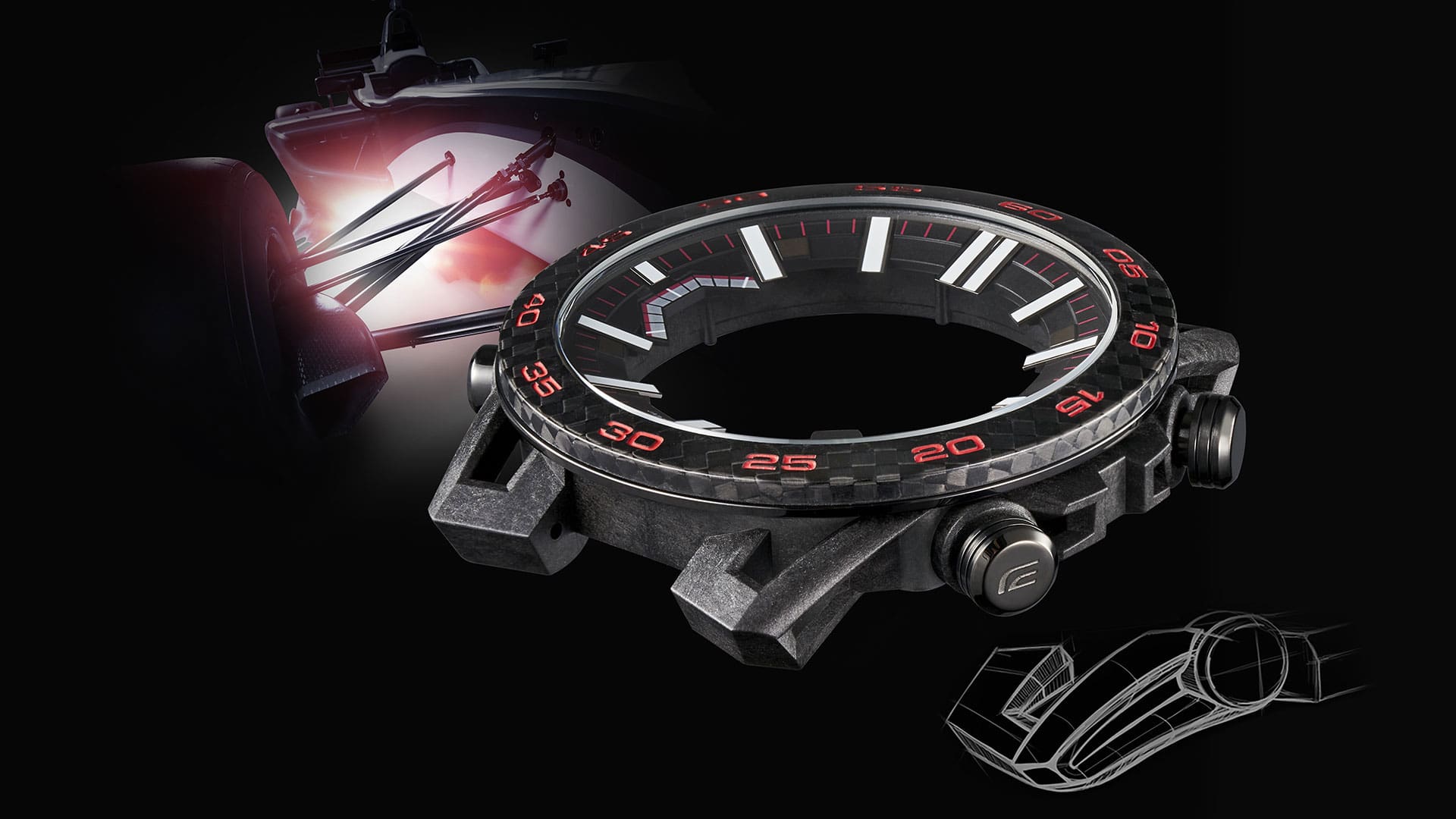 ecb-2000pb-1a analog digital watch with racecar artwork on a black background