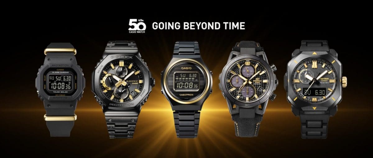 CASIO WATCH 50TH ANNIVERSARY From left: BGD-S565ZE-1, GMC-B2100ZE-1A, TRN-50ZE-1A, EFS-S640ZE-1A, PRW-6900ZE-1