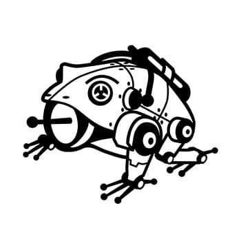 The robot-style frog holds an antenna in its mouth.